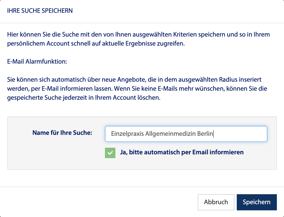 Praxisübergabe Suche speichern